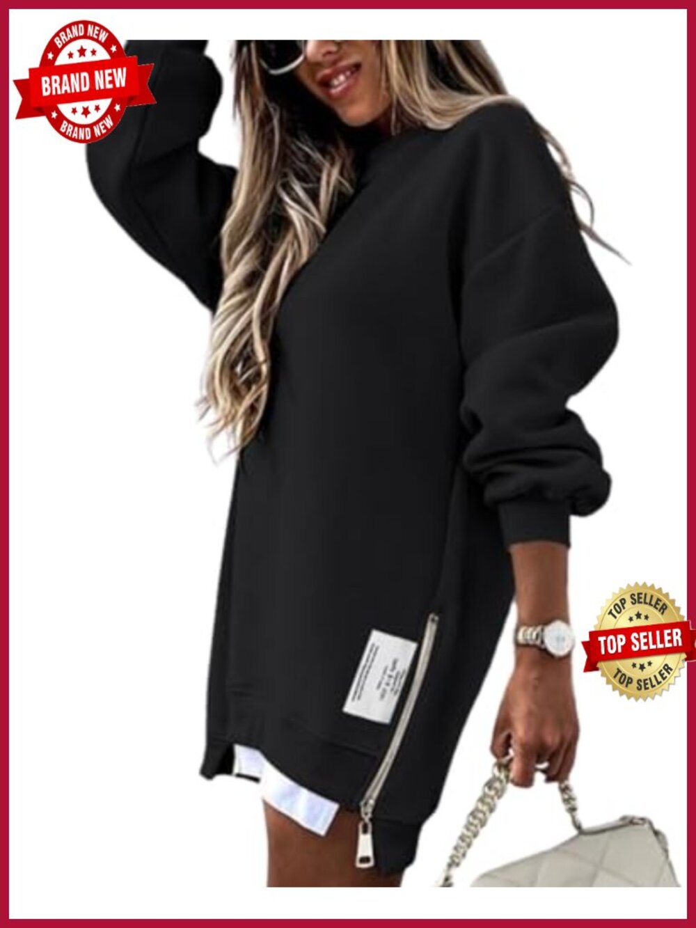 Oversized Crewneck Sweatshirt Side Zipper Slit Pullover Top Long Sleeve